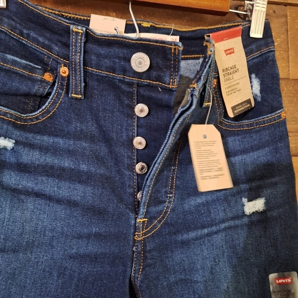 Levis Ribcage Straight Ankle Distressed Dark Wash Jeans SZ 24